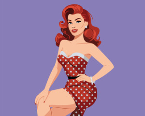 A glamorous red-haired woman in a stylish polka-dot dress, exuding classic beauty and retro fashion in a vibrant flat vector illustration