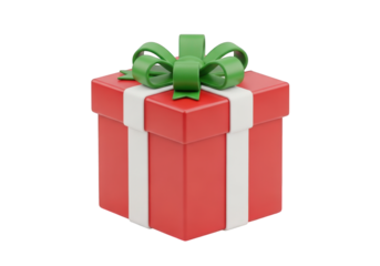 Eye-Catching 3D Render of a Red Gift Box Adorned with a White Ribbon and Green Bow on a Transparent Background, Ideal for Presents and Special Occasion Designs