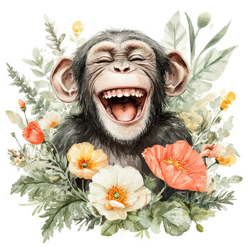 Adorable chubby grinning chimp surrounded by lush jungle vines