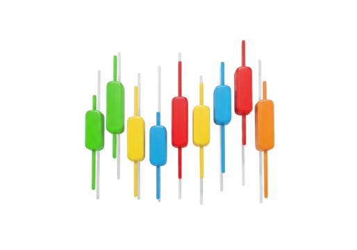 Colorful Candlestick Chart on a Transparent Background, Perfect for Illustrating Stock Market Trends, Financial Analysis, and Investment Strategies in 3D