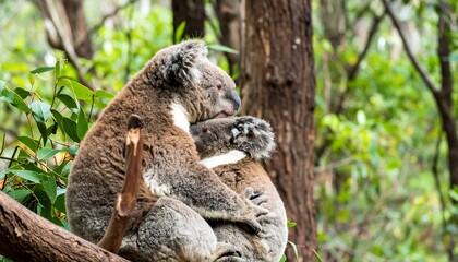 Obraz premium Two koalas snuggle together in a eucalyptus forest, showcasing a tender moment in nature.