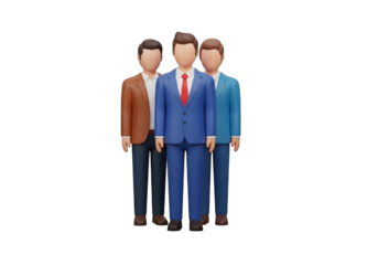Three 3D Cartoon Businessmen in Suits Standing Together Against a Transparent Backdrop, Perfect for Corporate Websites and Business Presentations