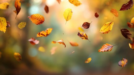 Autumn leaves falling in the air, blurred background, autumn scene, autumn colors, blurred bokeh light and shadow, blurred forest background, generated image