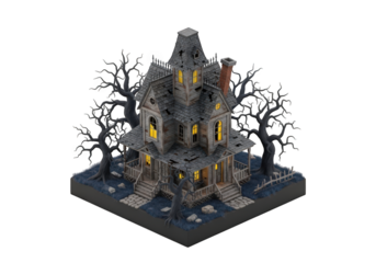 Isometric 3D Render of a Dilapidated House with Glowing Windows Surrounded by Bare Trees on a Transparent Background, Evoking a Sense of Mystery and Abandonment