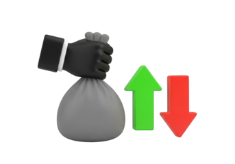 A Compelling 3D Illustration of a Hand Holding a Money Bag with Up and Down Arrows, Symbolizing Financial Fluctuation, Investment, and Market Trends on Transparent Backdrop
