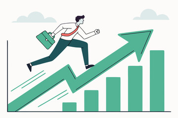 Businessman surfing upward arrow on growth chart symbolizing career success