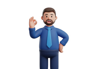 Fototapeta premium 3D Rendering of a Cheerful Businessman in a Blue Suit Giving an Okay Sign Against a Transparent Backdrop, Symbolizing Approval and Positive Affirmation with a Friendly Demeanor