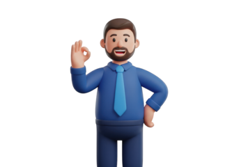 3D Rendering of a Cheerful Businessman in a Blue Suit Giving an Okay Sign Against a Transparent Backdrop, Symbolizing Approval and Positive Affirmation with a Friendly Demeanor