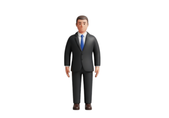3D Rendering of a Confident Businessman in a Dark Suit Standing Tall Against a Transparent Backdrop, Exuding Professionalism and Authority with a Modern, Clean Aesthetic