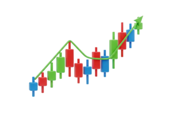 3D Stock Market Chart with Upward Trend Arrow Depicting Financial Growth and Investment Success on Transparent Background for Business and Economic Visualizations