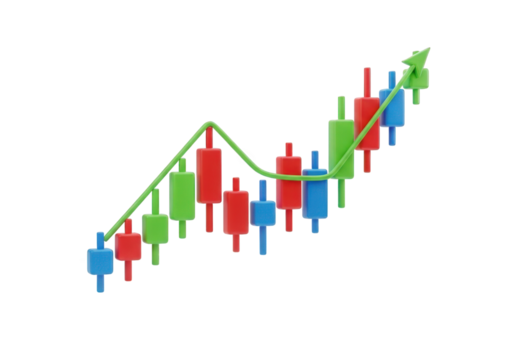 3D Stock Market Chart with Upward Trend Arrow Depicting Financial Growth and Investment Success on Transparent Background for Business and Economic Visualizations - Powered by Adobe