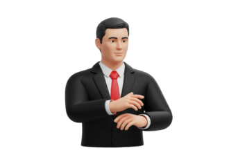 Sophisticated 3D Rendering of a Businessman in a Suit Adjusting His Cufflinks, Ideal for Corporate Presentations and Professional Service Advertisements on Clear Backdrop