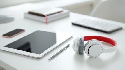Modern workspace with digital tablet, headphones, smartphone, pen and computer keyboard lying on white desk, creating a productive and connected environment
