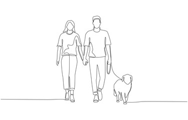 Continuous one line drawing of couple walking hand in hand with their dog, symbolizing love, companionship, and the joy of simple everyday moments, single line art