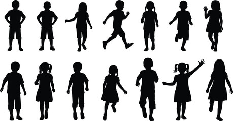 Silhouettes of children playing and walking, diverse kids in various poses, active toddlers, fun childhood, energetic kids, black and white.
