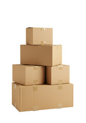 Five plain brown cardboard shipping boxes stacked vertically against a transparent studio background, clear tape sealed, ready for efficient global logistics and dependable product delivery concept