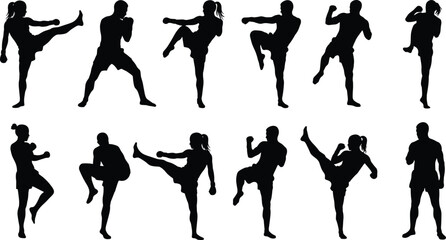 Silhouettes of male and female martial artists practicing kicks, punches, and fight stances, kickboxing poses, isolated on white background