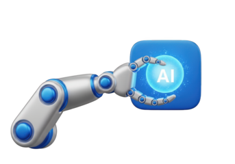 AI Robot Hand Holding a Glowing App Icon on Transparent Background, Symbolizing Artificial Intelligence and Technological Advancement with Futuristic Design