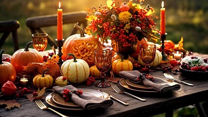 Thanksgiving dinner table with pumpkins, candles, and autumn flowers  