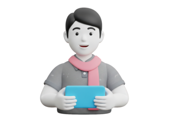 3D Rendering of a Cheerful Man Holding a Blue Gift Box with a Pink Scarf Against a Transparent Background Perfect for Digital Art and Design Projects with a Modern Style