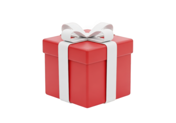 3D Rendering of a Red Gift Box with a White Ribbon and Bow on a Transparent Background Ideal for Digital Art, Design Projects, and Festive Holiday Themes