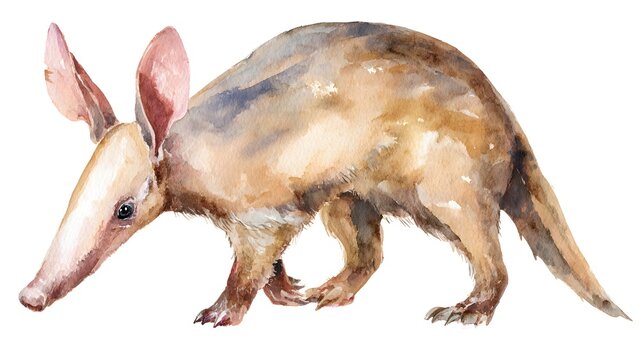 Ultra realistic watercolor style illustration of beautiful aardvarks, high detailed, isolated on white background