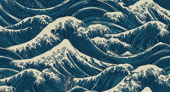 Stylized seascape with waves, seamless pattern in blue and beige