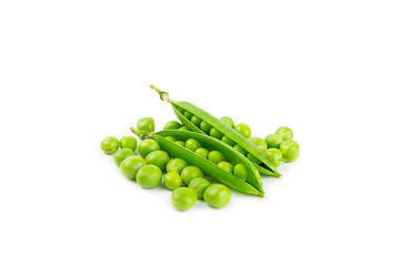 Fresh green pea pods with green peas isolated on white background. Sweet green peas. Green pea beans vegetables. Vegan. healthy vegetable