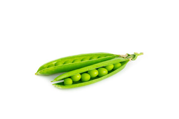Fresh green pea pods with green peas isolated on white background. Sweet green peas. Green pea beans vegetables. Vegan. healthy vegetable