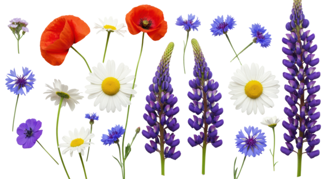 Pristine, vibrant red poppies, white daisies, purple lupines, blue cornflowers on an immaculate white background with copy space, high-angle studio shot with soft lighting, purity and elegance of