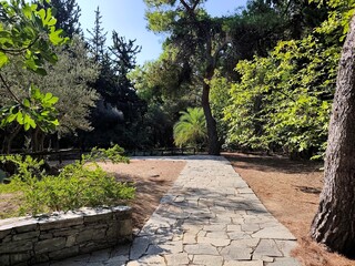 Photo of the serene Diomedes Botanical Garden in Chaidari, Attica, Greece, an enclosed green oasis with flower beds, a lily pond crossed by stepping stones, cafés, and a playground.