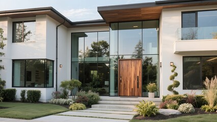 Modern White House Exterior with Large Glass Windows and Wooden Front Door