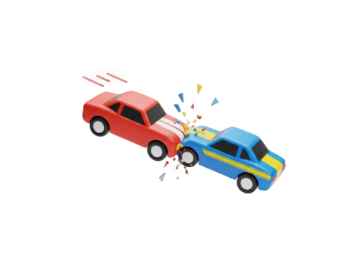 Cartoon Car Accident Illustration with Red and Blue Vehicles Colliding on a Transparent Background, Ideal for Insurance, Safety, and Transportation Themes