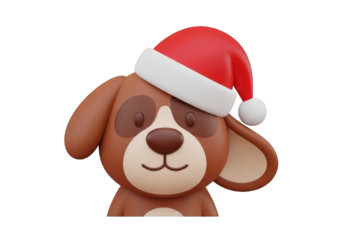 Adorable 3D Cartoon Dog Wearing a Festive Red Hat, Ideal for Holiday-Themed Graphics and Children's Illustrations on Transparent Backdrop