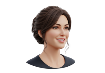 Elegant 3D Render of a Smiling Woman with Sophisticated Hairstyle and Neutral Background, Perfect for Corporate Presentations and Modern Design Projects