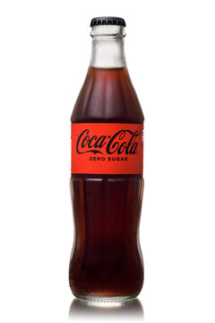 Glass Bottle of Coca-Cola Zero Sugar on White Background, Isolated Studio Shot