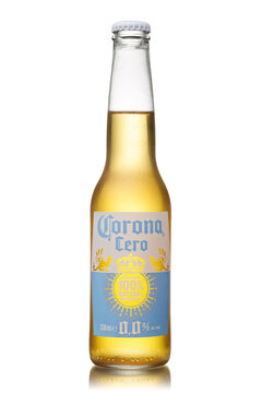 Cold Bottle of Corona Cero Non-Alcoholic Beer on White Background, Studio Shot