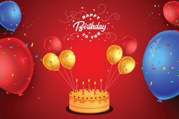 happy birthday celebration card with realistic balloons and confetti