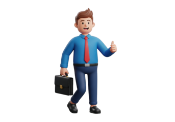 Cheerful 3D Businessman with Briefcase Giving Thumbs Up A Dynamic Render of a Smiling Professional in Blue Shirt and Red Tie Holding a Case Against Transparency