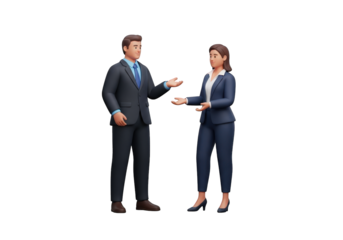 Engaging 3D Render of Business Professionals in Discussion A Dynamic Presentation of a Man and Woman in Formal Attire Conversing Against a Transparent Backdrop