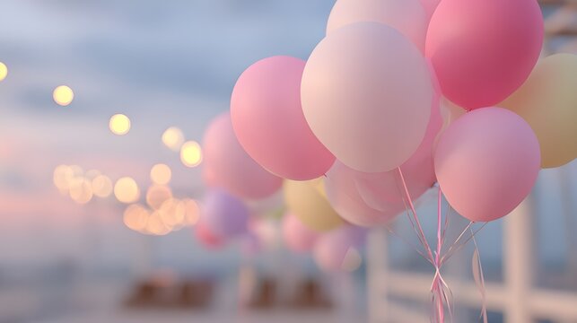 Colorful balloons hanging for a celebration at sunset by the beach  