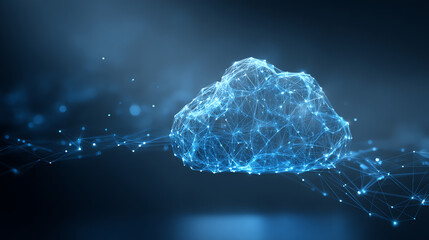 Digital blue cloud made of interconnected glowing points and lines on a dark background, symbolizing cloud computing and data networks