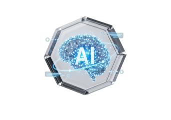 Futuristic AI Brain Illustration with Glowing Neural Networks Encased in a Hexagonal Frame, Isolated on a Transparent Backdrop for Tech and Innovation Projects