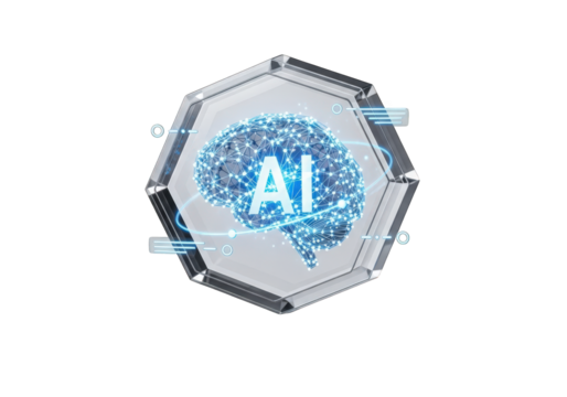 Futuristic AI Brain Illustration with Glowing Neural Networks Encased in a Hexagonal Frame, Isolated on a Transparent Backdrop for Tech and Innovation Projects