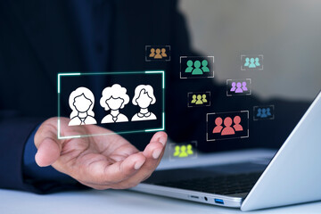 Niche marketing segmentation, housewife, target audience, personalization concept. Marketing segmentation strategy, consumer analysis. Marketer using laptop computer to analyze target customer data.