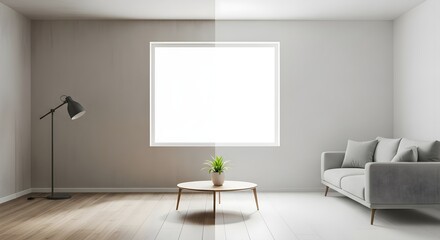 A minimalist living room with a bright window, a sofa, a lamp, and a coffee table with a plant