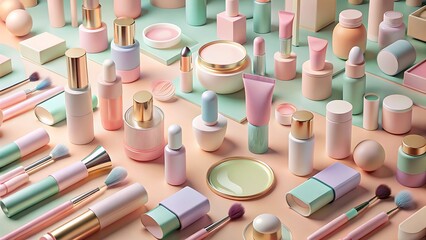 Pastel colored cosmetic products for beauty and makeup isolated on white background