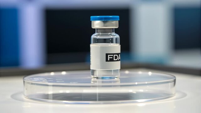 FDA approval concept ,Clear Glass Vial with Blue Cap Transparent Surface, FDA Labeled, Symbolizing Medical Innovation and Safety