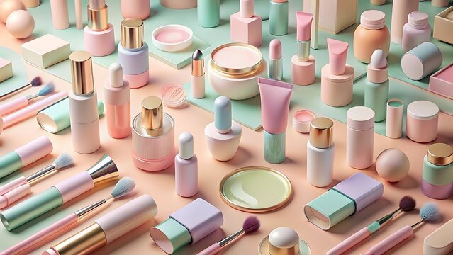 Pastel colored cosmetic products for beauty and makeup isolated on white background