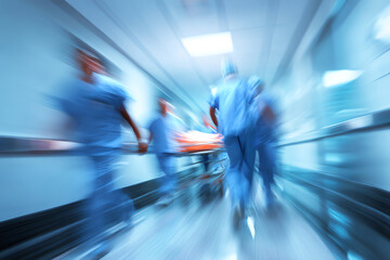 Obraz premium Blurred image of medical staff rushing a patient on a stretcher through a hospital corridor, conveying urgency and emergency care
